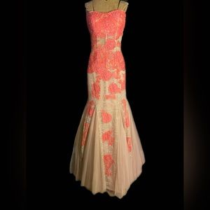 SHERRI HILL CORAL NUDE LACE LONG FORMAL MERMAID EVENING PROM PAGEANT DRESS 6